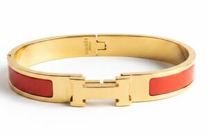 Hermés Clic H Narrow Orange Fruité Enamel Gold-Plated Bracelet (HMXX020)